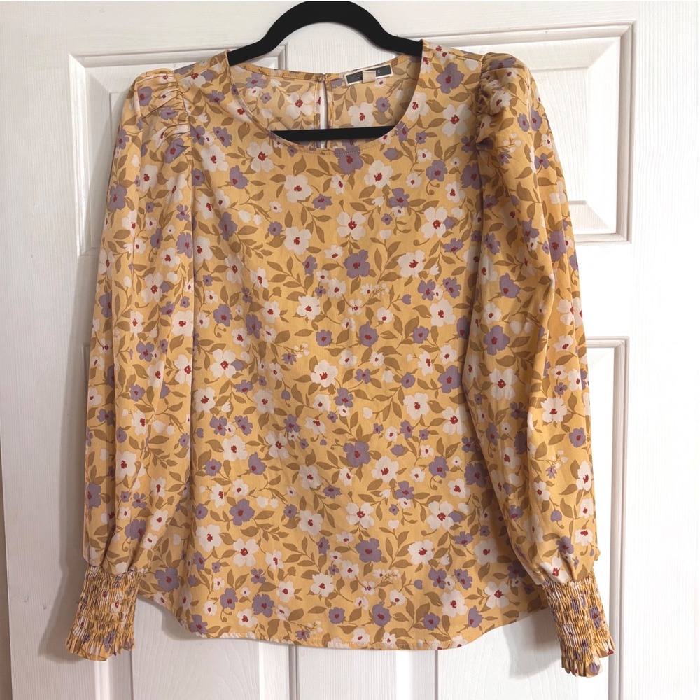 B.P.C. Floral Blouse Womens Size M Yellow Excellent Puff Sleeve Smocked Cuff